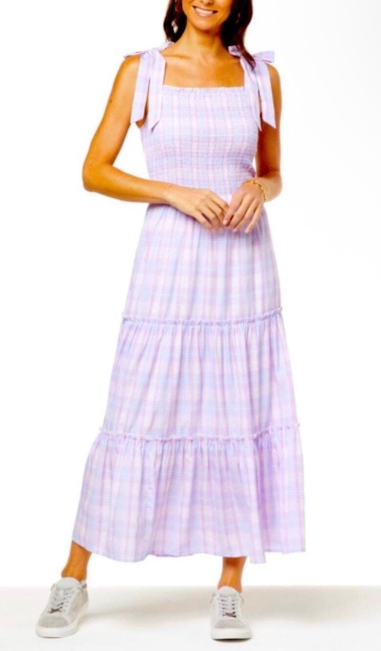 Lacey Chabert Lavender Plaid Smocked Top Maxi Dress 2X NWT